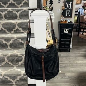 HOBO Black Leather Messenger Bag with Brown Strap Accent
